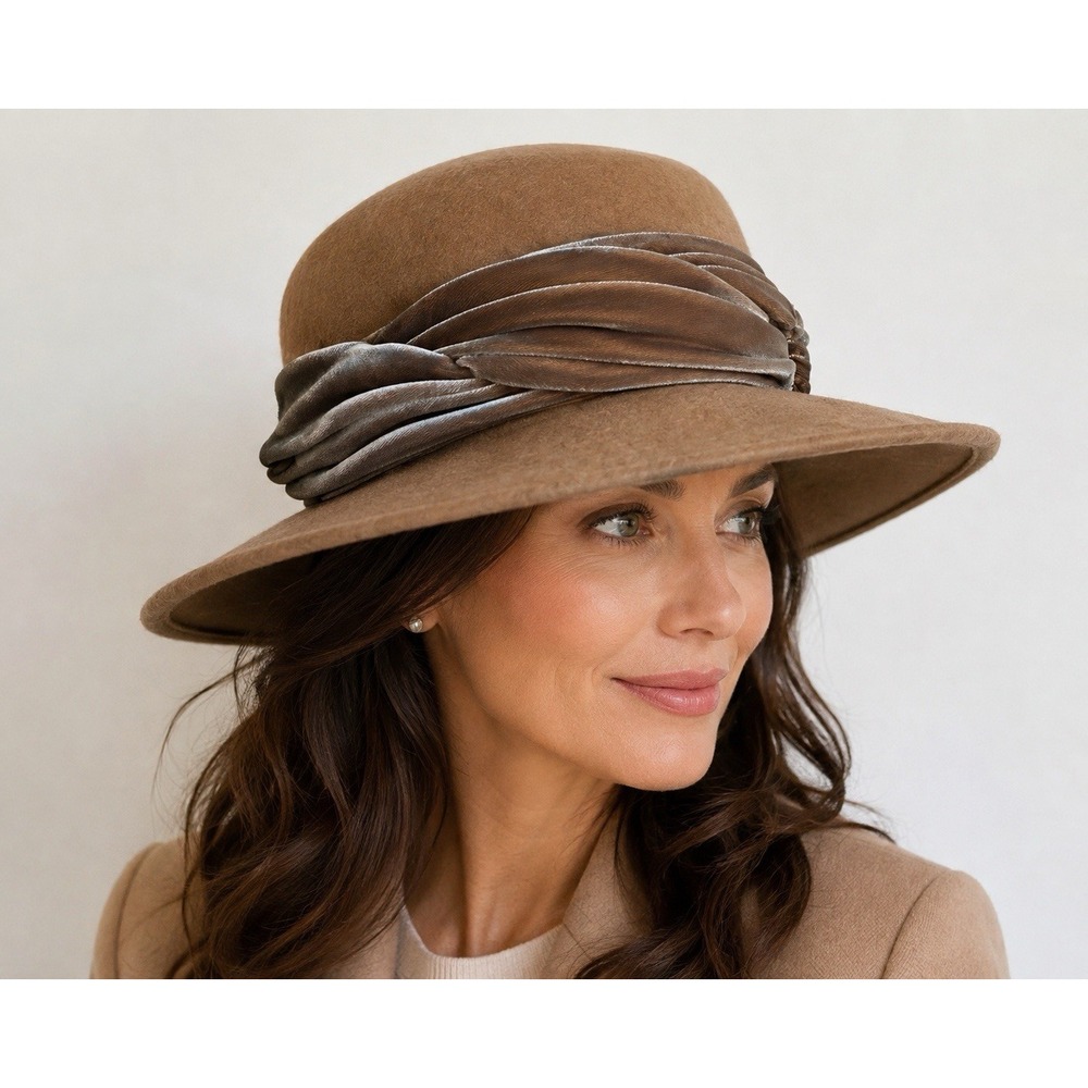 Peter Bettley London Brown Wool Wide Brim Hat Velvet Trim Made in England